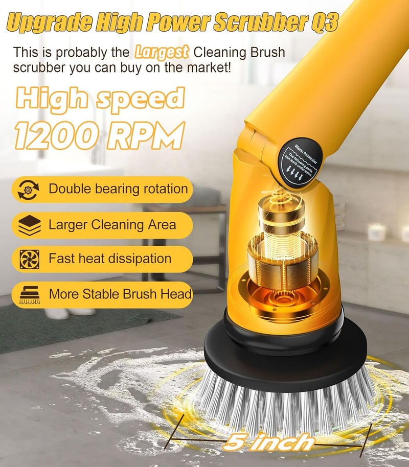 qimedo Electric Spin Scrubber Extra Large Brush Q3,6000 mAh Best Battery Power Scrubber for Cleaning,1200RPM Shower Cordless Cleaning Brush with 8 Brushes for Bath/Tub/Tile/Floor (Smart Display) - Image 2